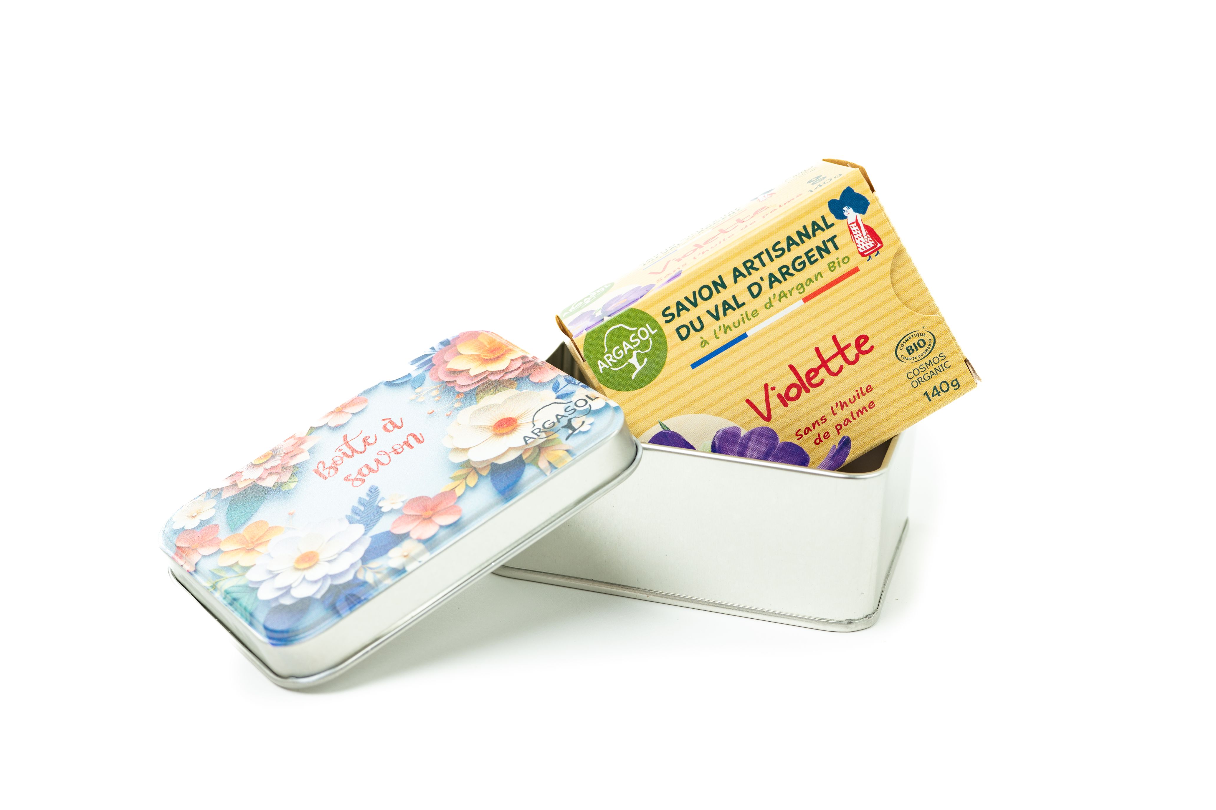 boite à savon fleurie + Savon violette